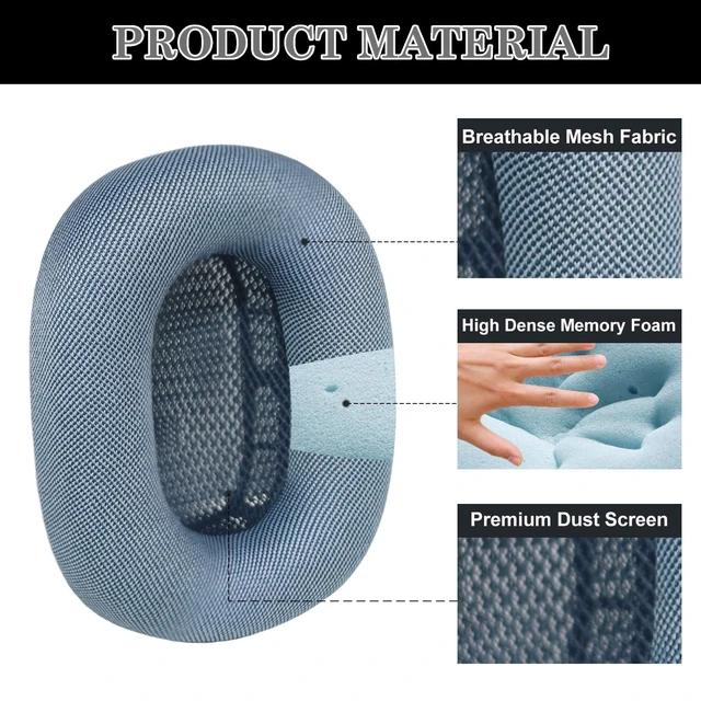 Alt view image 3 of 7 - AirPods Max Ear Cushions, Replacement Earpads for AirPods Max (2024) Headphones, Mesh Fabric Ear Pads with Memory Foam and Magnet for AirPods Max (Blue)