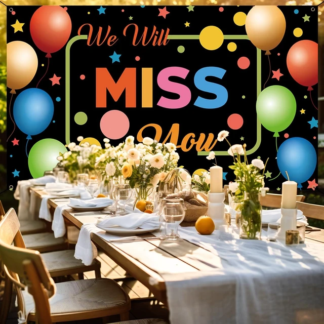 Alt view image 5 of 6 - We Will Miss You Backdrop Banner, Going Away Decorations, Photo Booth Props for Farewell Goodbye Moving Away Retirement Graduation Party Decorations for Indoor Outdoor, Fabric