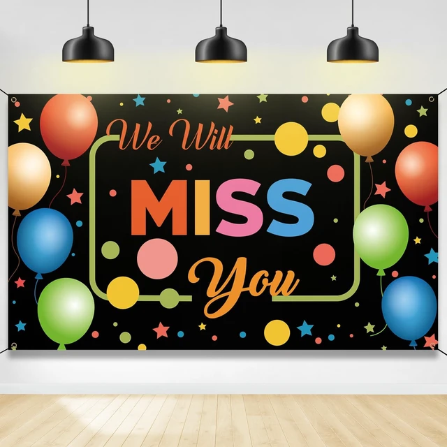 Main image of We Will Miss You Backdrop Banner, Going Away Decorations, Photo Booth Props for Farewell Goodbye Moving Away Retirement Graduation Party Decorations for Indoor Outdoor, Fabric