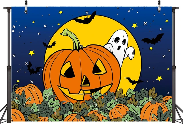 Alt view image 2 of 7 - Halloween Pumpkin Field Photography Backdrop 8x6FT Cartoon Starry Sky Night Moon Pumpkin Ghost Background Halloween Baby Shower Birthday Party Decorations Photo Props