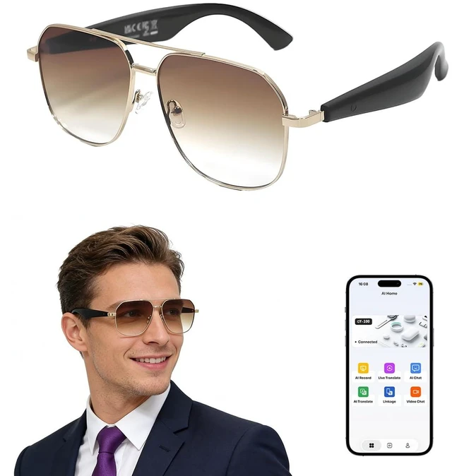 Main image of Bluetooth Sunglasses for Men, AI Smart Glasses with Open-Ear Speakers for Music & Calls, Blue Light Blocking UV400 Lenses Lightweight Translation Glasses for Driving, Travel & Work