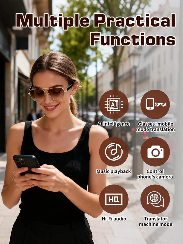 Alt view image 6 of 7 - Bluetooth Sunglasses for Men, AI Smart Glasses with Open-Ear Speakers for Music & Calls, Blue Light Blocking UV400 Lenses Lightweight Translation Glasses for Driving, Travel & Work