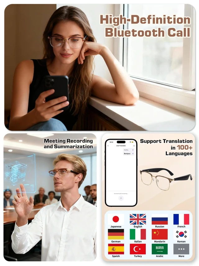 Alt view image 5 of 7 - Bluetooth Glasses for Women & Men, AI Smart Glasses with Translation Open-Ear Speaker Blue Light Blocking Lenses Audio with Bluetooth Speakers for Driving, Travel, Work