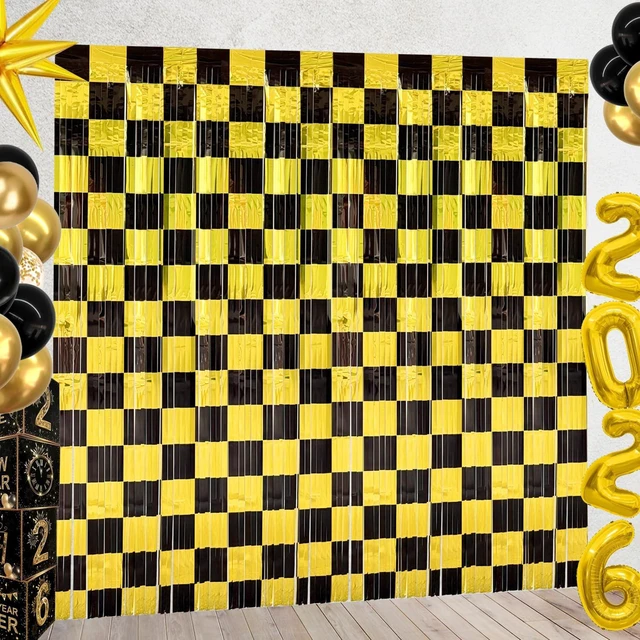 Main image of Black and Gold Party Decorations, 4 Pack Checkered Black Gold Foil Fringe Curtains Streamers Backdrop for Birthday Party, Graduation Party Decorations