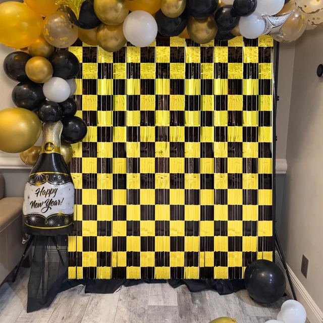 Alt view image 3 of 6 - Black and Gold Party Decorations, 4 Pack Checkered Black Gold Foil Fringe Curtains Streamers Backdrop for Birthday Party, Graduation Party Decorations