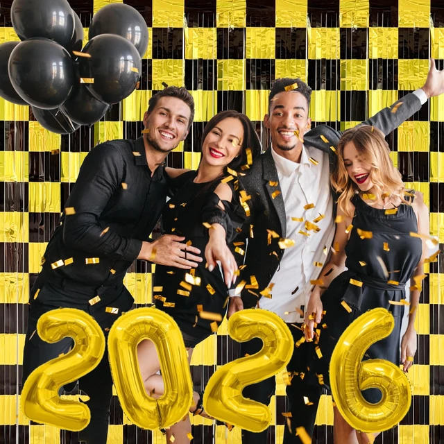Alt view image 2 of 6 - Black and Gold Party Decorations, 4 Pack Checkered Black Gold Foil Fringe Curtains Streamers Backdrop for Birthday Party, Graduation Party Decorations
