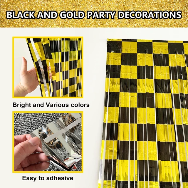 Alt view image 5 of 6 - Black and Gold Party Decorations, 4 Pack Checkered Black Gold Foil Fringe Curtains Streamers Backdrop for Birthday Party, Graduation Party Decorations