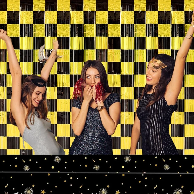 Alt view image 6 of 6 - Black and Gold Party Decorations, 4 Pack Checkered Black Gold Foil Fringe Curtains Streamers Backdrop for Birthday Party, Graduation Party Decorations