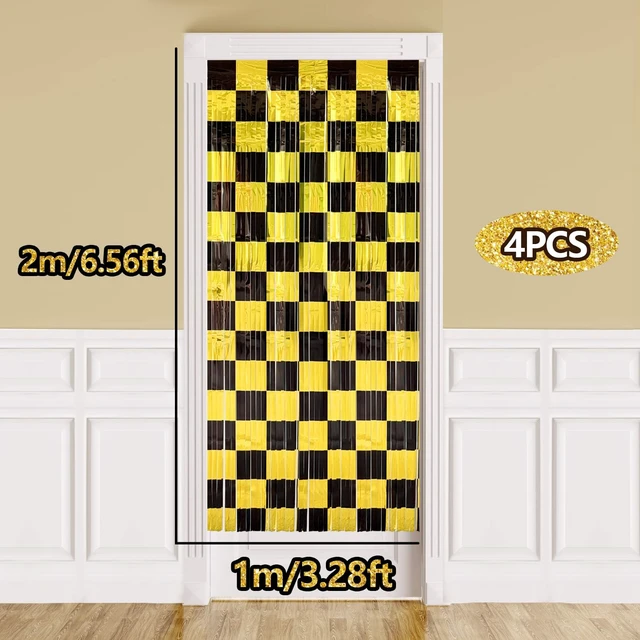 Alt view image 4 of 6 - Black and Gold Party Decorations, 4 Pack Checkered Black Gold Foil Fringe Curtains Streamers Backdrop for Birthday Party, Graduation Party Decorations