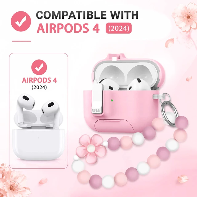 Alt view image 2 of 7 - for AirPods 5 4 Case Magnetic with Safty Lock Phone Stand Pink Compatible with Air Pods 5th/4th Generation Cover for Women Girls with Cute Bling Girly Flower Keychain Charm Strap