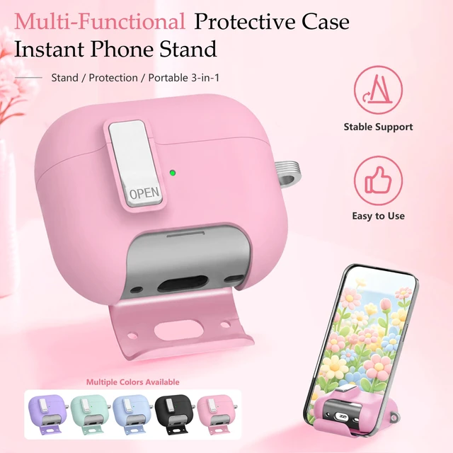Alt view image 5 of 7 - for AirPods 5 4 Case Magnetic with Safty Lock Phone Stand Pink Compatible with Air Pods 5th/4th Generation Cover for Women Girls with Cute Bling Girly Flower Keychain Charm Strap