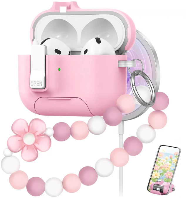 Main image of for AirPods 5 4 Case Magnetic with Safty Lock Phone Stand Pink Compatible with Air Pods 5th/4th Generation Cover for Women Girls with Cute Bling Girly Flower Keychain Charm Strap