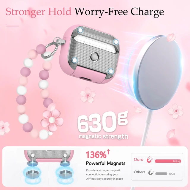 Alt view image 6 of 7 - for AirPods 5 4 Case Magnetic with Safty Lock Phone Stand Pink Compatible with Air Pods 5th/4th Generation Cover for Women Girls with Cute Bling Girly Flower Keychain Charm Strap