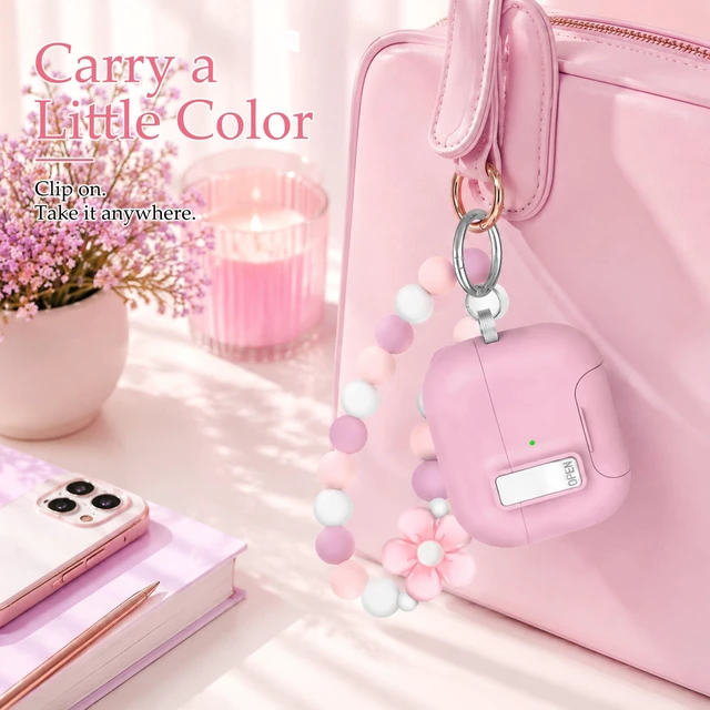 Alt view image 7 of 7 - for AirPods 5 4 Case Magnetic with Safty Lock Phone Stand Pink Compatible with Air Pods 5th/4th Generation Cover for Women Girls with Cute Bling Girly Flower Keychain Charm Strap