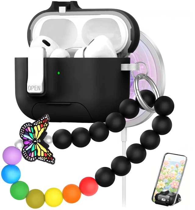 Main image of for AirPods Pro 3 Case Magnetic & Safty Lock Phone Stand Black Compatible with Air Pods Pro 3rd Generation Hard Shell for Women Girls with Cute Bling Girly Flower Keychain Charm Strap
