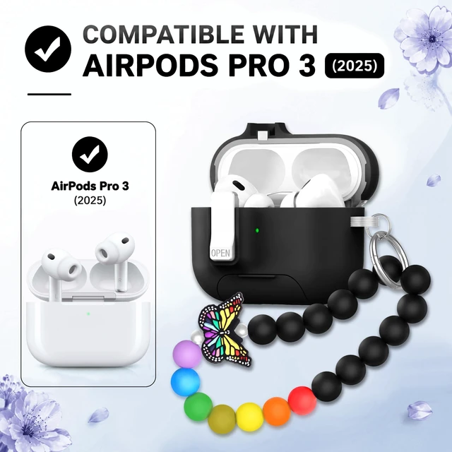 Alt view image 2 of 7 - for AirPods Pro 3 Case Magnetic & Safty Lock Phone Stand Black Compatible with Air Pods Pro 3rd Generation Hard Shell for Women Girls with Cute Bling Girly Flower Keychain Charm Strap