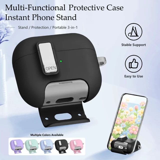 Alt view image 5 of 7 - for AirPods Pro 3 Case Magnetic & Safty Lock Phone Stand Black Compatible with Air Pods Pro 3rd Generation Hard Shell for Women Girls with Cute Bling Girly Flower Keychain Charm Strap