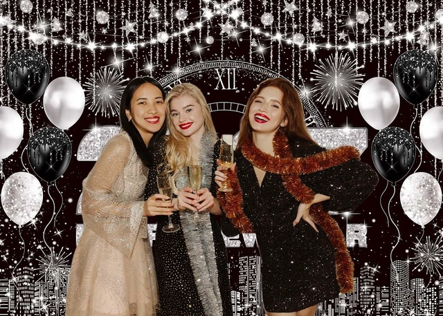 Alt view image 2 of 7 - 2027 New Year Eve Backdrop Black Silver Happy New Year Background 8x6ft City Night Scene Countdown Banner, Cheer to 2027 Party Decorations Banner,NYE Party Supplies,Photo Booth Props