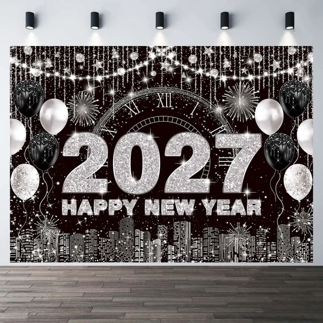 Alt view image 3 of 7 - 2027 New Year Eve Backdrop Black Silver Happy New Year Background 8x6ft City Night Scene Countdown Banner, Cheer to 2027 Party Decorations Banner,NYE Party Supplies,Photo Booth Props