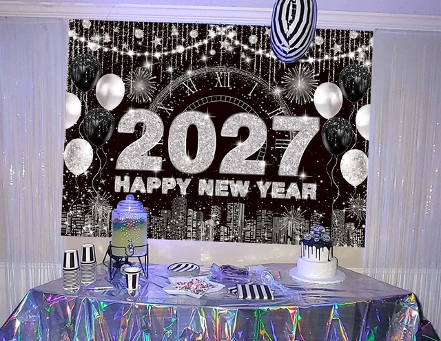 Alt view image 4 of 7 - 2027 New Year Eve Backdrop Black Silver Happy New Year Background 8x6ft City Night Scene Countdown Banner, Cheer to 2027 Party Decorations Banner,NYE Party Supplies,Photo Booth Props