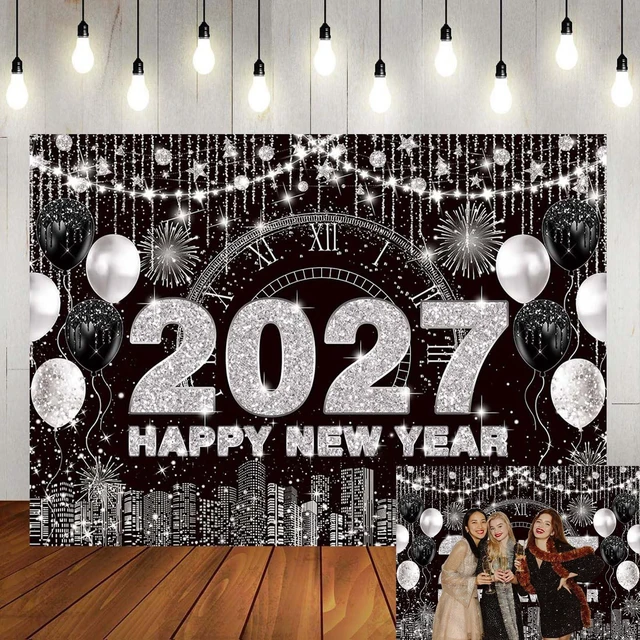 Main image of 2027 New Year Eve Backdrop Black Silver Happy New Year Background 8x6ft City Night Scene Countdown Banner, Cheer to 2027 Party Decorations Banner,NYE Party Supplies,Photo Booth Props