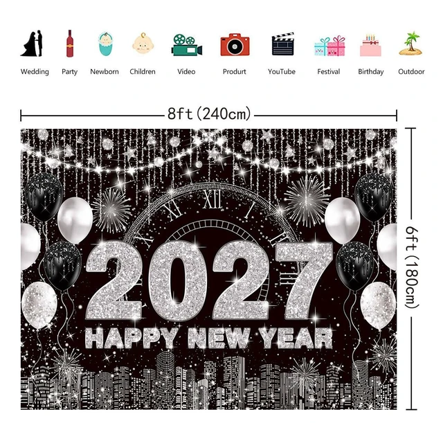 Alt view image 6 of 7 - 2027 New Year Eve Backdrop Black Silver Happy New Year Background 8x6ft City Night Scene Countdown Banner, Cheer to 2027 Party Decorations Banner,NYE Party Supplies,Photo Booth Props