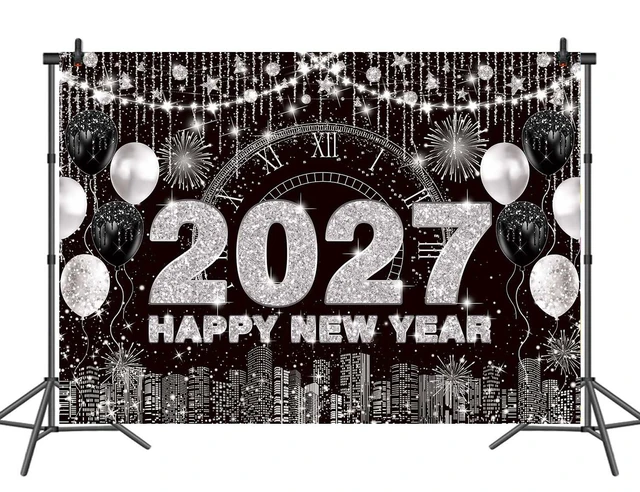 Alt view image 7 of 7 - 2027 New Year Eve Backdrop Black Silver Happy New Year Background 8x6ft City Night Scene Countdown Banner, Cheer to 2027 Party Decorations Banner,NYE Party Supplies,Photo Booth Props