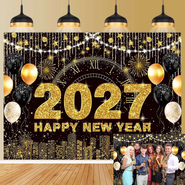 Main image of 2027 New Year Eve Party Backdrop Black Gold Happy New Year Photo Background 8x6ft City Night Scene Countdown Banner, Cheer to 2027 Party Decorations Banner,NYE Party Supplies,Photo Booth Props