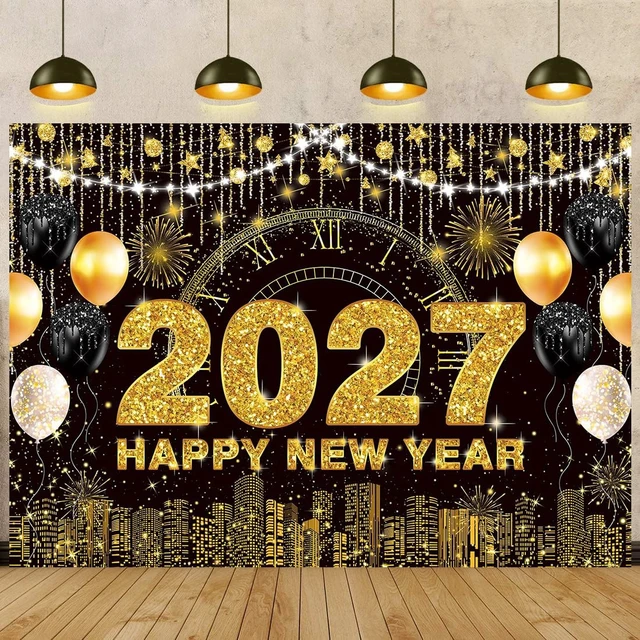 Alt view image 3 of 7 - 2027 New Year Eve Party Backdrop Black Gold Happy New Year Photo Background 8x6ft City Night Scene Countdown Banner, Cheer to 2027 Party Decorations Banner,NYE Party Supplies,Photo Booth Props