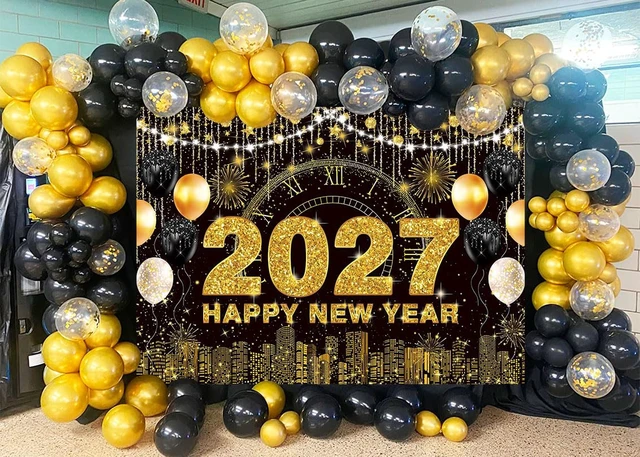 Alt view image 4 of 7 - 2027 New Year Eve Party Backdrop Black Gold Happy New Year Photo Background 8x6ft City Night Scene Countdown Banner, Cheer to 2027 Party Decorations Banner,NYE Party Supplies,Photo Booth Props