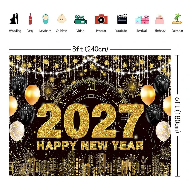 Alt view image 6 of 7 - 2027 New Year Eve Party Backdrop Black Gold Happy New Year Photo Background 8x6ft City Night Scene Countdown Banner, Cheer to 2027 Party Decorations Banner,NYE Party Supplies,Photo Booth Props