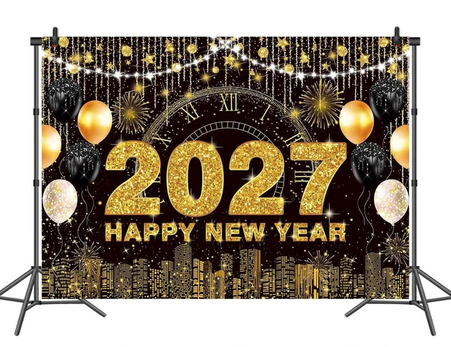 Alt view image 7 of 7 - 2027 New Year Eve Party Backdrop Black Gold Happy New Year Photo Background 8x6ft City Night Scene Countdown Banner, Cheer to 2027 Party Decorations Banner,NYE Party Supplies,Photo Booth Props