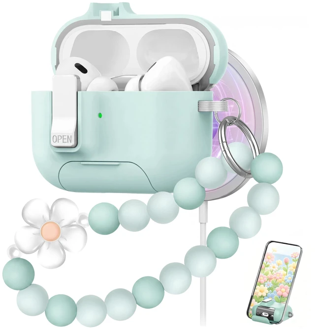 Main image of for AirPods Pro 3 Case Magnetic & Safty Lock Phone Stand Green Compatible with Air Pods Pro 3rd Generation Hard Shell for Women Girls with Cute Bling Girly Flower Keychain Charm Strap