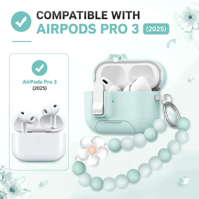 Alt view image 2 of 7 - for AirPods Pro 3 Case Magnetic & Safty Lock Phone Stand Green Compatible with Air Pods Pro 3rd Generation Hard Shell for Women Girls with Cute Bling Girly Flower Keychain Charm Strap