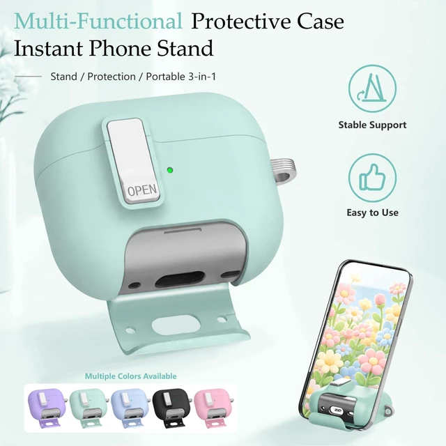 Alt view image 5 of 7 - for AirPods Pro 3 Case Magnetic & Safty Lock Phone Stand Green Compatible with Air Pods Pro 3rd Generation Hard Shell for Women Girls with Cute Bling Girly Flower Keychain Charm Strap