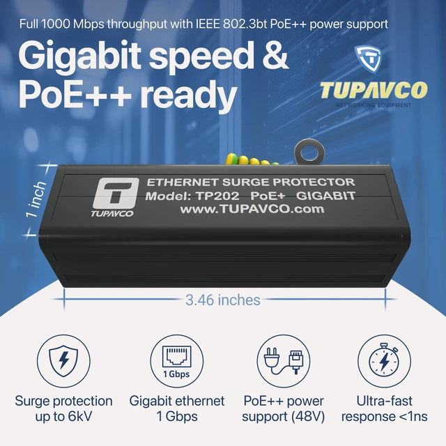 Alt view image 4 of 7 - Ethernet Surge Protector PoE++ Gigabit TP202 For Gigabit & PoE++ use, with up to 1000 Mbps speeds