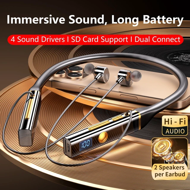 Alt view image 2 of 7 - 2026 Upgraded Neckband Bluetooth 6.0 Wireless Earbuds Around The Neck, 4-Driver Stereo Headphones with Mic,100H Battery Life,in-Ear Earphones for Running,Workout,Outdoor,Work,Safety Headset
