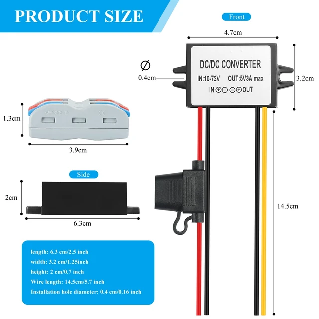 Alt view image 6 of 7 - 3A 15W DC-DC 10-72V to 5V Step Down Converter Transformer with Fuse 15W 12V 24V 36V 48V 60V to 5V Buck Converter Voltage Reducer Regulator Waterproof Transformer Golf Cart Truck RV Accessories