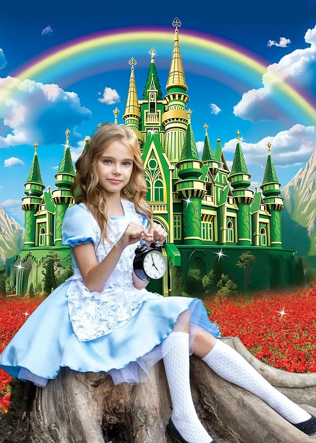 Alt view image 3 of 7 - Green Castle Yellow Brick Road Backdrop 6x8FT Rainbow Floral Castle Gold Brick Road Photography Background Halloween Baby Shower Princess Birthday Party Decorations Supplies