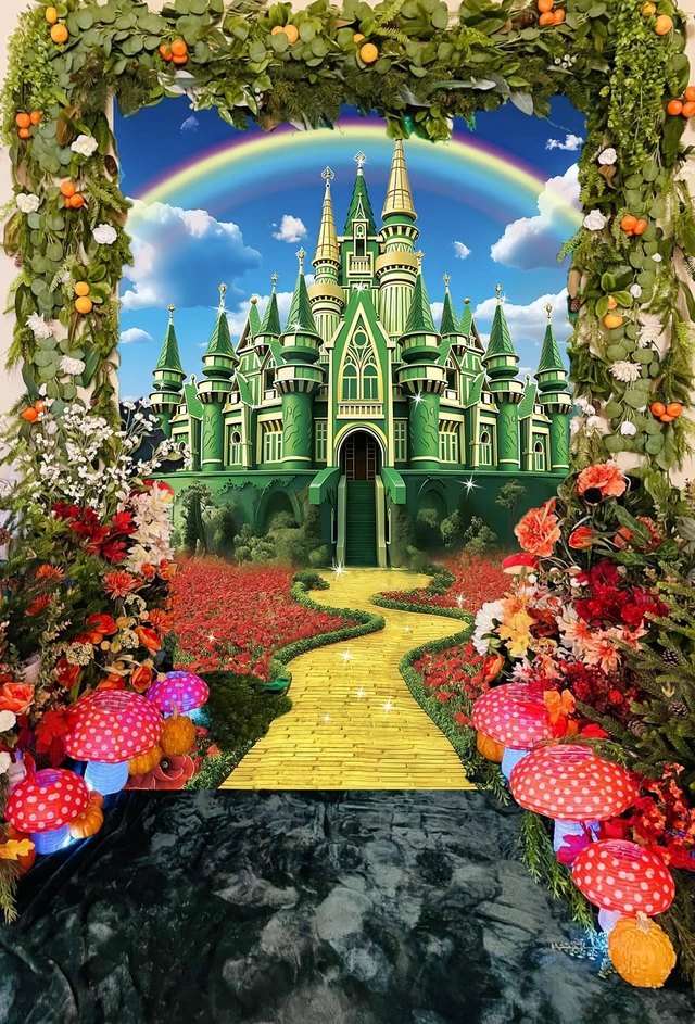 Alt view image 4 of 7 - Green Castle Yellow Brick Road Backdrop 6x8FT Rainbow Floral Castle Gold Brick Road Photography Background Halloween Baby Shower Princess Birthday Party Decorations Supplies