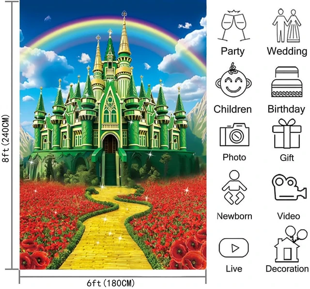 Alt view image 6 of 7 - Green Castle Yellow Brick Road Backdrop 6x8FT Rainbow Floral Castle Gold Brick Road Photography Background Halloween Baby Shower Princess Birthday Party Decorations Supplies