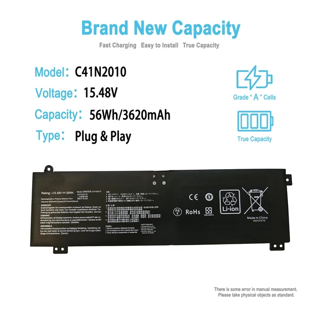 Alt view image 2 of 5 - 56Wh C41N2010 Laptop Battery Replacement for Asus Rog Strix G15 G513IC G513IH G513QC G513QE G17 G713QE Series Notebook 15.48V 3620mAh