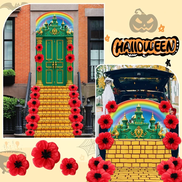 Alt view image 2 of 7 - Halloween Green Castle Cover Door Banner Yellow Brick Floor Runner Crepe Paper Red Poppy Flower, Princess Witch Party Backdrop, Halloween Trunk Treat Decoration