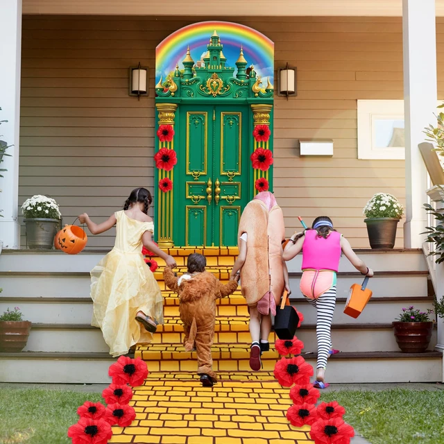 Alt view image 3 of 7 - Halloween Green Castle Cover Door Banner Yellow Brick Floor Runner Crepe Paper Red Poppy Flower, Princess Witch Party Backdrop, Halloween Trunk Treat Decoration