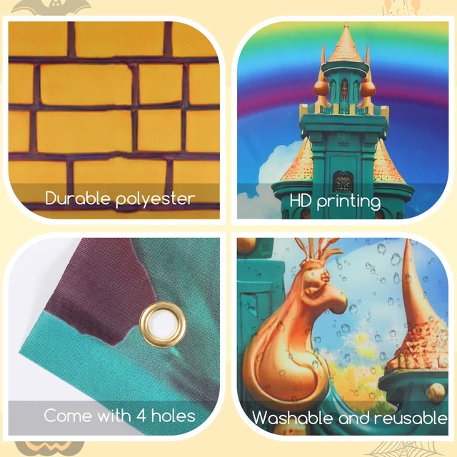 Alt view image 4 of 7 - Halloween Green Castle Cover Door Banner Yellow Brick Floor Runner Crepe Paper Red Poppy Flower, Princess Witch Party Backdrop, Halloween Trunk Treat Decoration