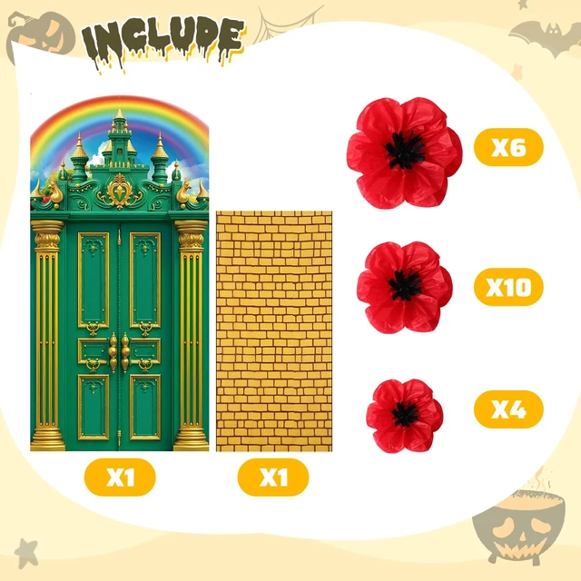 Alt view image 7 of 7 - Halloween Green Castle Cover Door Banner Yellow Brick Floor Runner Crepe Paper Red Poppy Flower, Princess Witch Party Backdrop, Halloween Trunk Treat Decoration