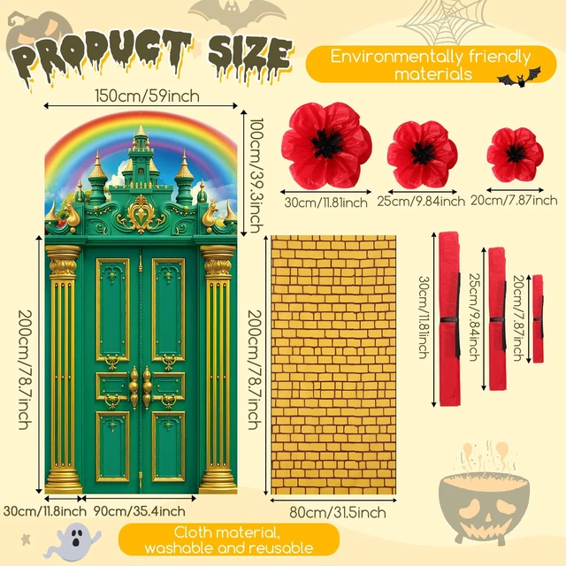 Alt view image 6 of 7 - Halloween Green Castle Cover Door Banner Yellow Brick Floor Runner Crepe Paper Red Poppy Flower, Princess Witch Party Backdrop, Halloween Trunk Treat Decoration