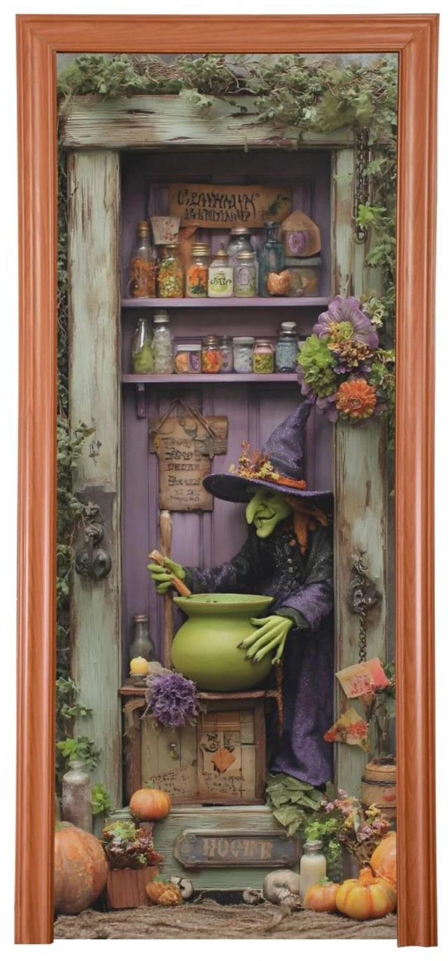 Main image of Halloween Witch Door Cover, Stretch Fabric Backdrop Door Porch Covers for Home Party Holidays Decoration, 32x79 in