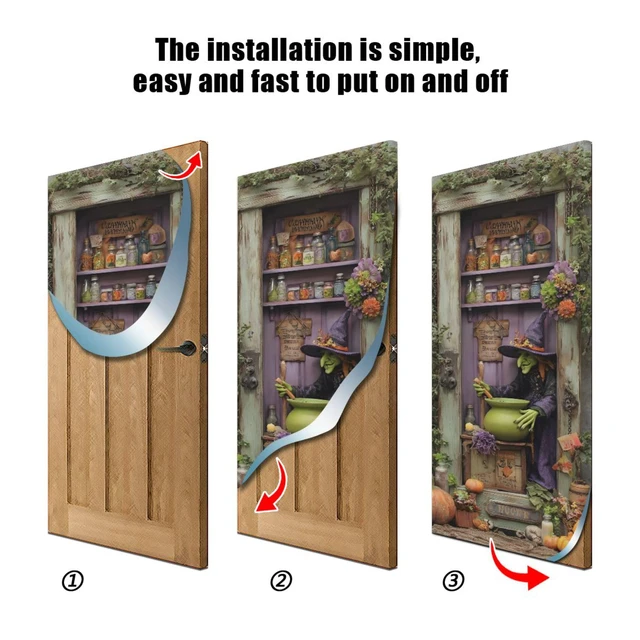Alt view image 2 of 7 - Halloween Witch Door Cover, Stretch Fabric Backdrop Door Porch Covers for Home Party Holidays Decoration, 32x79 in