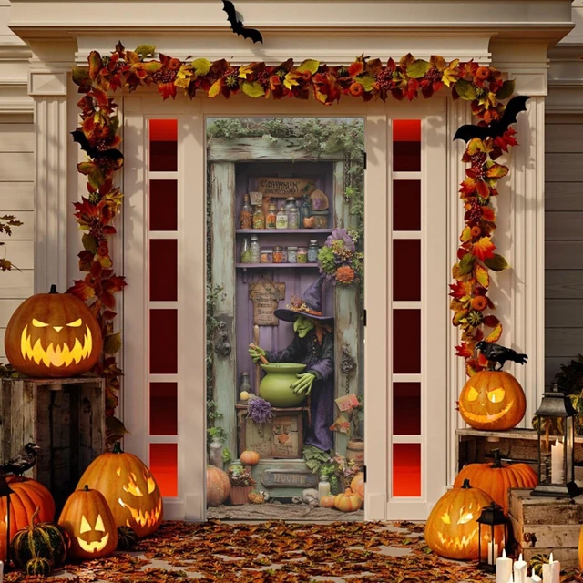 Alt view image 5 of 7 - Halloween Witch Door Cover, Stretch Fabric Backdrop Door Porch Covers for Home Party Holidays Decoration, 32x79 in